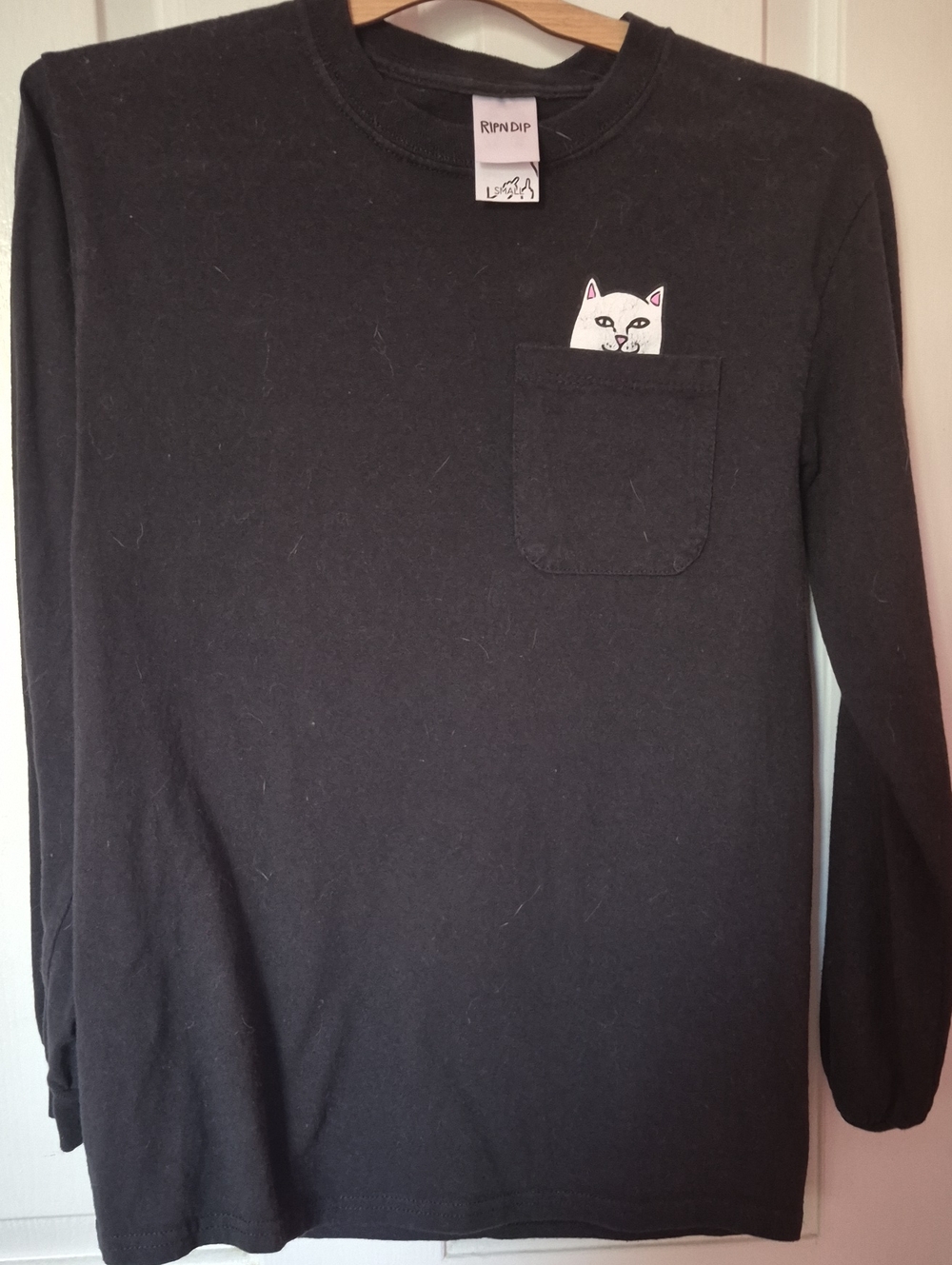 Vintage,2000s Ripndip Black Long-Sleeve Pocket Tee with White Peekaboo Cat